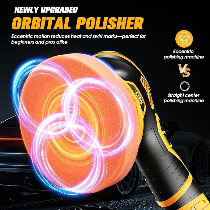 Cordless Car Buffer Polisher kit [2x 2000mAh 21V Batteries & 18 PCS Attachments] 6-Speed Orbital Design, LED Display, 6 Inch Lightweight Detailing Tool for Waxing, Polishing & Scratch Removal
