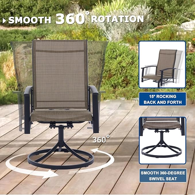 Patio Swivel Chairs Set of 2, Outdoor Swivel Chairs with Armrest, High Back Patio Chair with Metal Frame, All-Weather Outdoor Dining Chair for Deck, Porch and Lawn, Mocha