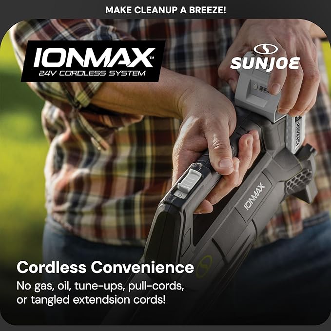 Sun Joe Cordless Jet Blower with Compact Turbine, Battery & Charger, 24V, 100 MPH - Portable and Lightweight Battery-Powered Electric Equipment for Lawn, Garden, and Yard Care, IONMAX 24V-TB-LTE