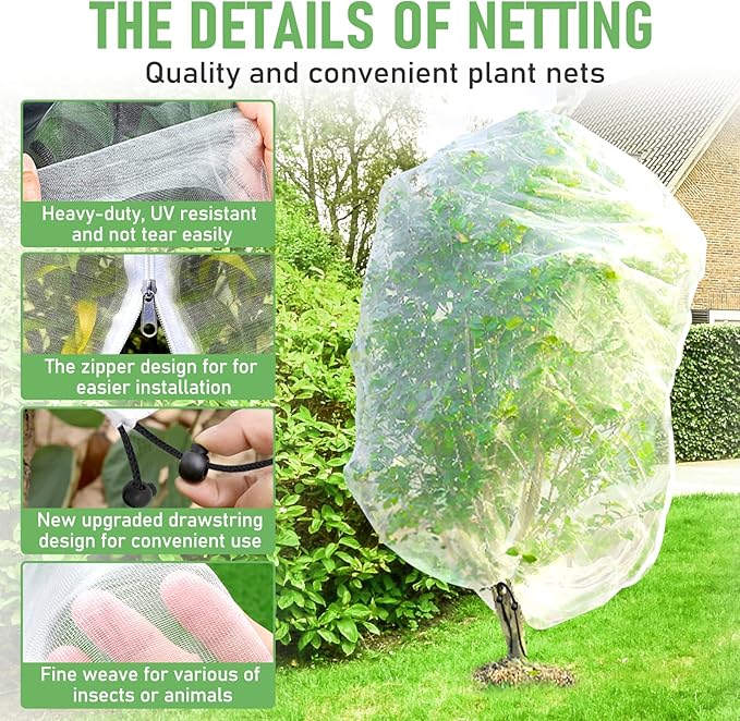 Fruit Tree Netting for Cicadas, 2Pcs 6.56x6.56 FT Plant Mesh Netting for Garden Protection with Zipper, Blueberry Bush Insect Netting Cover as Pest Barrier from Bird for Apple, Tomato