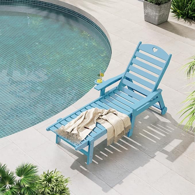 Aokia Pool Lounge Chairs,Chaise Lounge Chair Outdoor with Wheels & Cupholder Oversize HDPE 6-Position Outdoor Chairs for Patio, Lawn, Garden, Poolside (Light Blue)