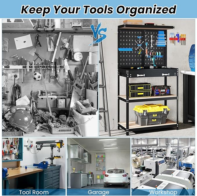 Goplus Workbench, Work Table with Drawer, Pegboard, Hanging Accessories, Topping Space, 4-Tier Heavy Duty Metal Tool Storage Bench, Work Benches for Garage, Workshop (Blue, 32" x 16" with Drawer)