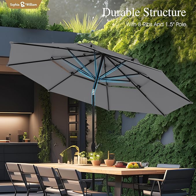 Sophia & William 10ft 3 Tier Auto-tilt Patio Umbrella, Outdoor Double Vented Umbrella with Crank, Grey