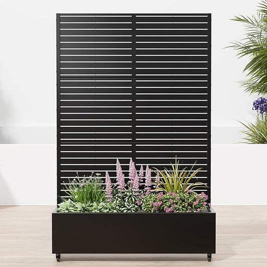 Casaphoria Raised Garden Bed Metal Planter Box with Trellis, 72"x47"x16" for Outdoor Climbing Plants, Flowers Vegetables and Vines Privacy Screen with Wheels and Drainage Holes(Black Louvered02)