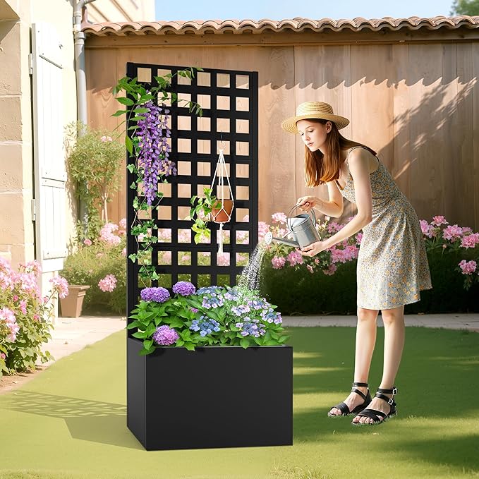 Metal Planter Box with Trellis, Heavy-Duty Raised Garden Bed for Climbing Plants, Drainage Hole, Outdoor Planter Box with Privacy Screen，24''L×12''W×63''H
