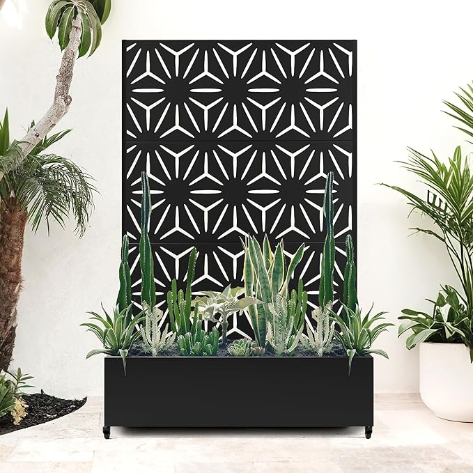 Metal Planter Box with Trellis & Privacy Screen for Patio, Large Raised Garden Beds with Drainage Holes & Wheels, 47" L×16" W×71" H Standing Flower Beds with Trellis (Black Star)