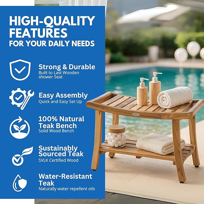 EcoDecors 30 Inch Harmony Natural Color Waterproof Teak Wood Shower Bench Stool Seat Chair For Inside Shower Storage Shelf Provides Safety, Storage, and Organization For Bathroom Accessories