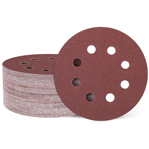 HARFINGTON 50 Pcs 5 Inch Sanding Discs, 100 Grit Hook and Loop Sandpaper, 8-Hole Aluminum Oxide Round Sanding Paper for Woodworking Automotive Metal Polishing, Red