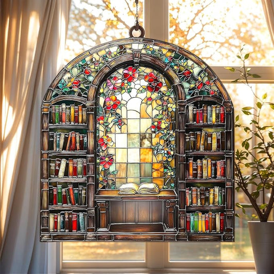 Floral Bookshelf Christmas Ornament Bookish Acrylic Suncatcher Stained Glass Effect Window Hanging for Book Lover Reading Nook Decor Gift for Librarian Readers