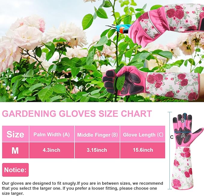 DLY Gardening Gloves for Women, Rose Gloves Gardening Thorn Proof, Long Garden Gloves for Women, Breathable & Durable Leather Gauntlet(Medium, Rose Red)