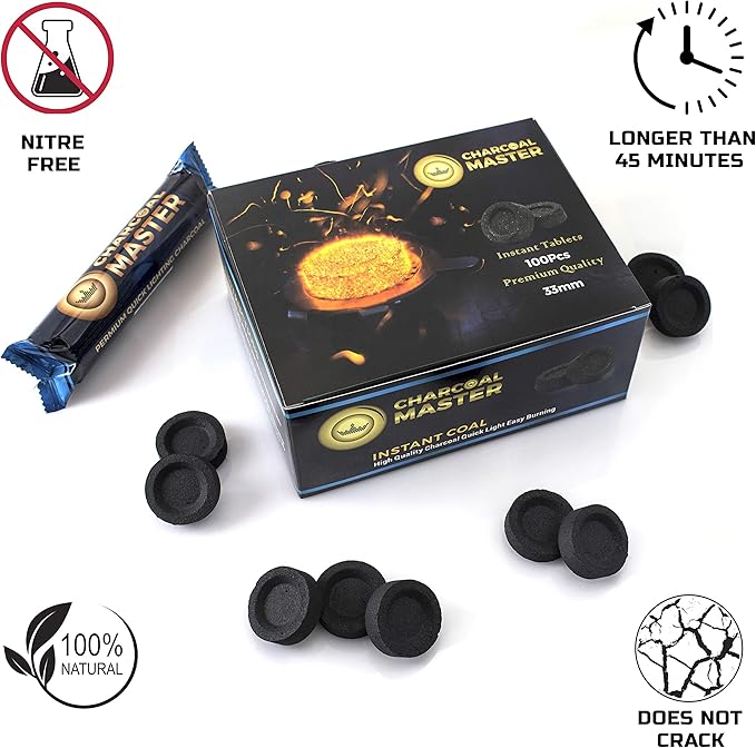 New Quick Light Charcoal Briquettes by Charcoal Master Instant Coal Disks Incense Coal Tablets Set of 100 per Box (33mm)