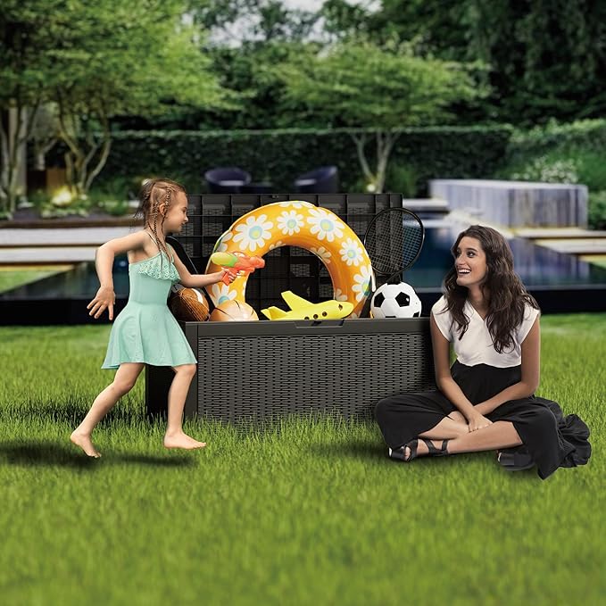Mersco 100 Gallon Double-Wall Resin Deck Box - Lockable Waterproof Outdoor Storage Box, 1000lbs Capacity & Doubles as Seating for Patio Furniture - Garden Tools, Pool Accessories (Black)