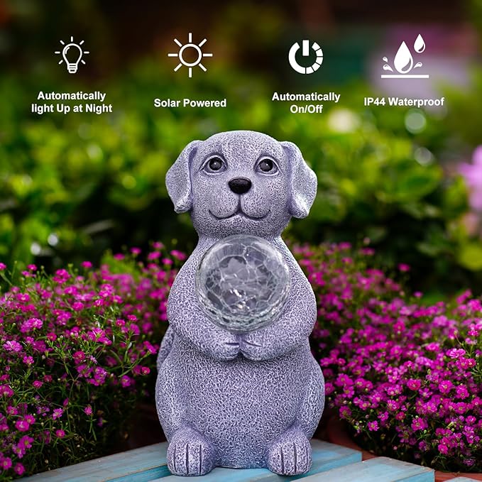 Dog Garden Statues - 8.4 Dog Decor with Gazing Ball LED Lights, Unique Gifts for Mom Grandma Birthdays, Outdoor Decor for Outside Lawn Porch Patio (Gray)