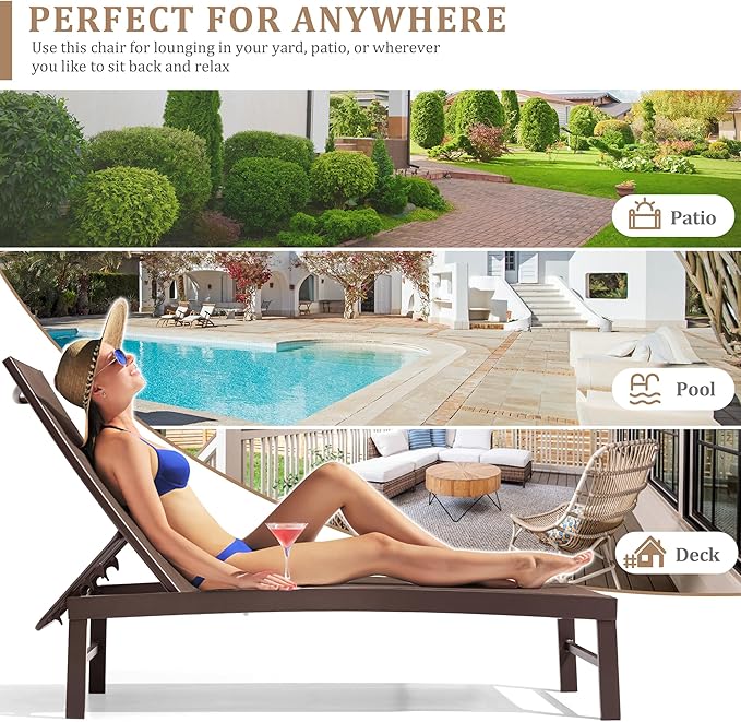 Patio Aluminum Chaise Lounge Chair, Set of 2 Outdoor Recliner Lounge Chair Sun Loungers, All Weather Chaise with 5 Adjustable Backrest and Lay Flat Positions for Garden, Balcony, Pool