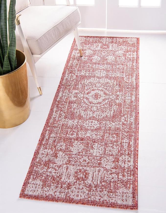Unique Loom Outdoor Traditional Collection Area Rug - Timeworn (2' x 8' Runner Rust Red/Gray)