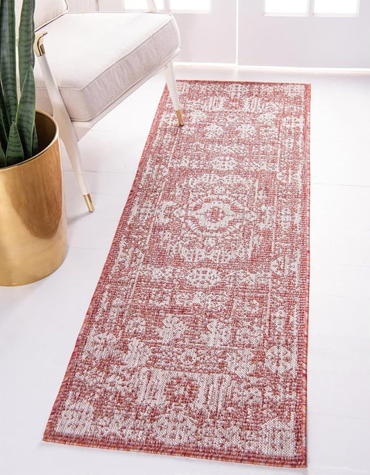 Unique Loom Outdoor Traditional Collection Area Rug - Timeworn (2' 7" x 10' Runner Rust Red/Gray)