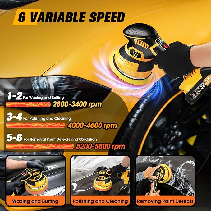 Cordless Car Buffer Polisher kit [2x 2000mAh 21V Batteries & 18 PCS Attachments] 6-Speed Orbital Design, LED Display, 6 Inch Lightweight Detailing Tool for Waxing, Polishing & Scratch Removal