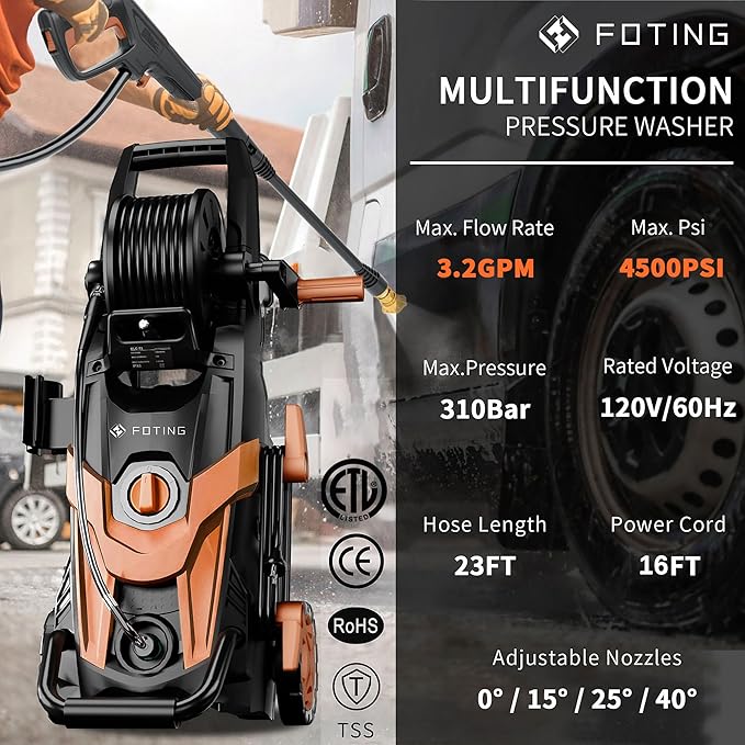 2025Upgraded Pressure Washer 4500PSI with 4 Quick Connect Nozzles,Inlet Hose & Filter, Foam Cannon for Cars/Fences/Driveways/Patios/Home Cleaning,Red