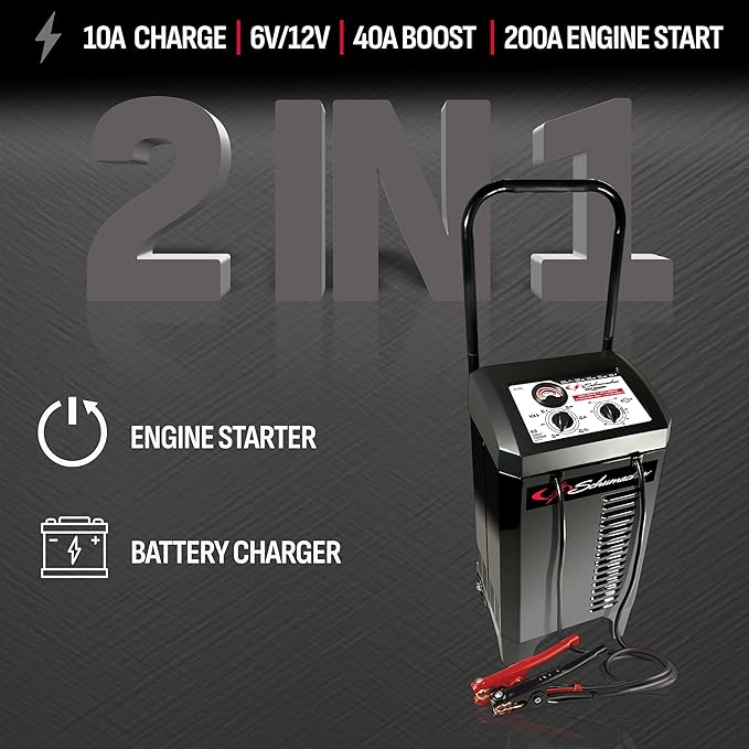 Schumacher Electric Wheeled Manual 10A Car Battery Charger and 200A Engine Starter, 2-in-1 Solution, 40A Boost, for 6V/12V Power Sport, Automotive, and Marine Batteries, SC1446
