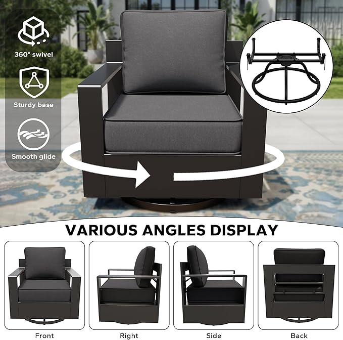Aluminum Outdoor Swivel Rocker Chairs Set of 2 - All Weather Use Porch Furniture, 2 Pieces 360 Degree Swivel Glider Patio Chairs with 6" Water-Resistant Cushion & Chair Covers (Grey)