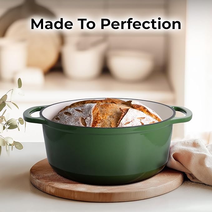Zulay Kitchen 5 Quart Enameled Cast Iron Dutch Oven Pot with Lid – Premium Durability & Oven Safe up to 500°F – Heavy Duty Cookware Perfect for Bread Baking, Stews, Braising & Roasting – Green