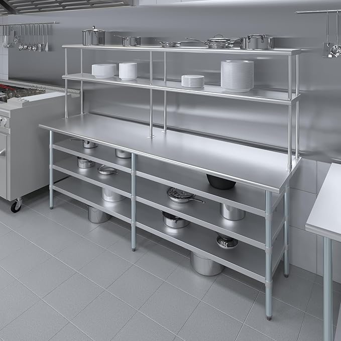 Amgood 24" x 96" Stainless Steel Work Table with 3 Shelves and 12" Wide Double Tier Overshelf | Metal Kitchen Prep Table & Shelving Combo | NSF