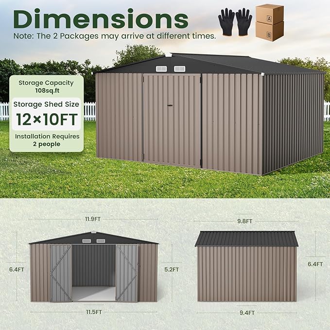 GVDV 10X12 FT Outdoor Storage Shed, Durable Metal Outside Storage for Garden, Patio and Backyard, Waterproof Shelter for Tools,Equipment