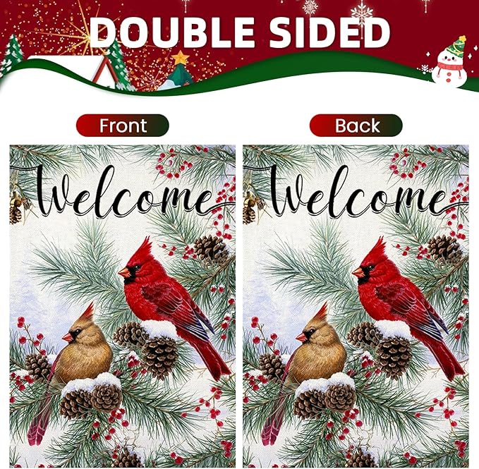 Welcome Winter House Flags for Outdoor Decoration, Christams Cardinal Pine Twigs Berry Large Yard Flag, Decorative Xmas Seasonal Farmhouse Holiday Outside Decor 28x40 Inch Vertical Double Sided