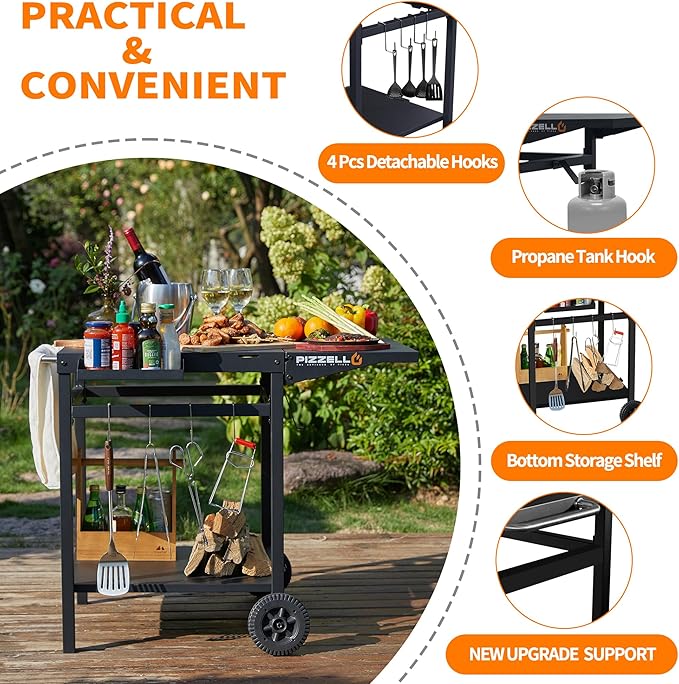 PIZZELLO Outdoor Grill Table Cart 35" x 22" Movable Pizza Oven Stand Foldable Double-Shelf Grill Cart Food Prep Trolley Dining Cart Fit for Ooni Ninja Woodfire Blackstone Pizza Oven