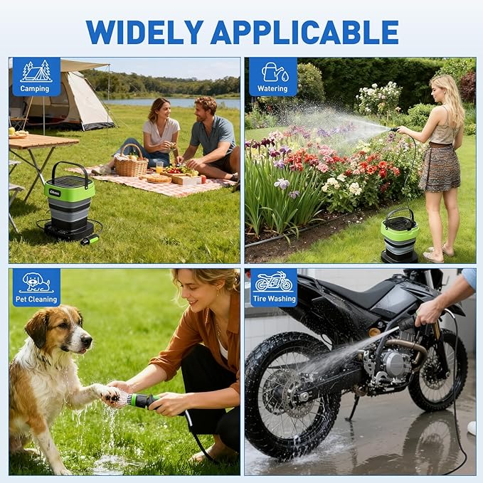 Cordless Electric Sprayer, Portable Water Sprayer with 3.2gal Water Tank, Auto-Rewind Hose Reel, Portable Cordless Pressure Washer for Cars, Bikes, Garden, Camping(2 Extra Brushes)