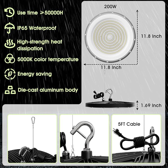 Zelvia 20 Pack LED High Bay Lights 200W 5000K AC110V-130V with US Plug - 20000 LM Commercial Bay Lighting for Barn Warehouse Garage