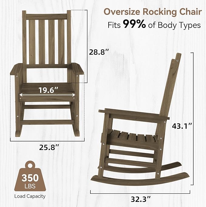 HDPE Outdoor Rocking Chair, Oversized Rocking Chairs with Widened Seats & High Backs, Weather & Fade Resistant Porch Rockers for Patio, Deck & Porch - Light Brown