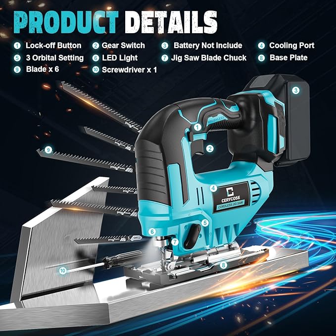 Jigsaw Compatible With Makita 18V, Cordless jig saw tool Brushless Motor, 0°- 45° Bevel Cuts, LED Light with 3 Position Orbital Setting for Straight/Curve/Bevel/Circle Cutting (NO Battery)