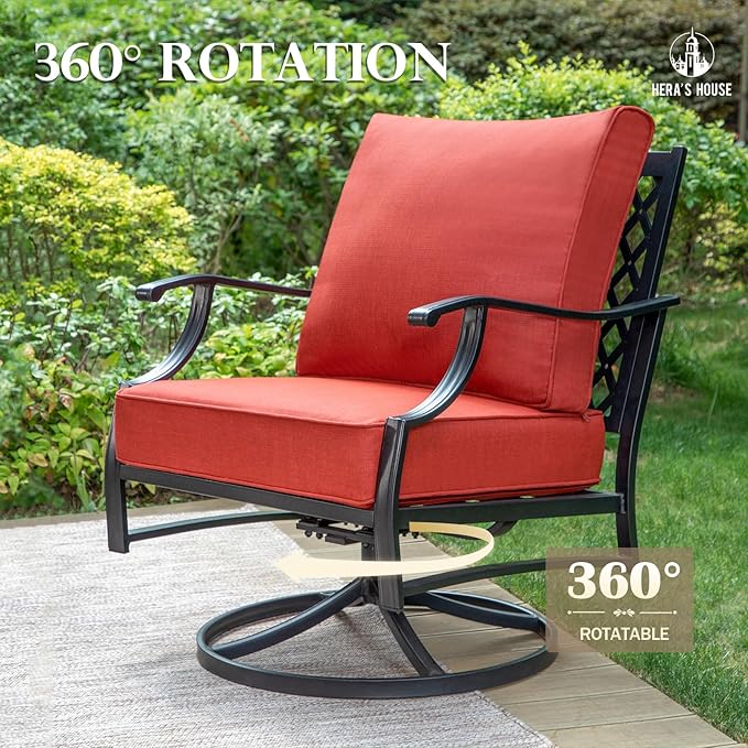 HERA'S HOUSE Outdoor Chairs Set of 2, 2 x Patio Chair with Red Cushions, All Weather Outdoor Furniture for Lawn Garden Backyard Deck(Swivel Chairs)