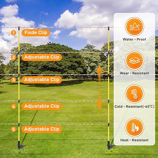 48 Inch / 4 Ft Fiberglass Step-in Electric Fence Posts – 5 Clips, Holds Wire, Poly Tape, and Poly Rope, Livestock Control | Lightweight, Anti-Rotation