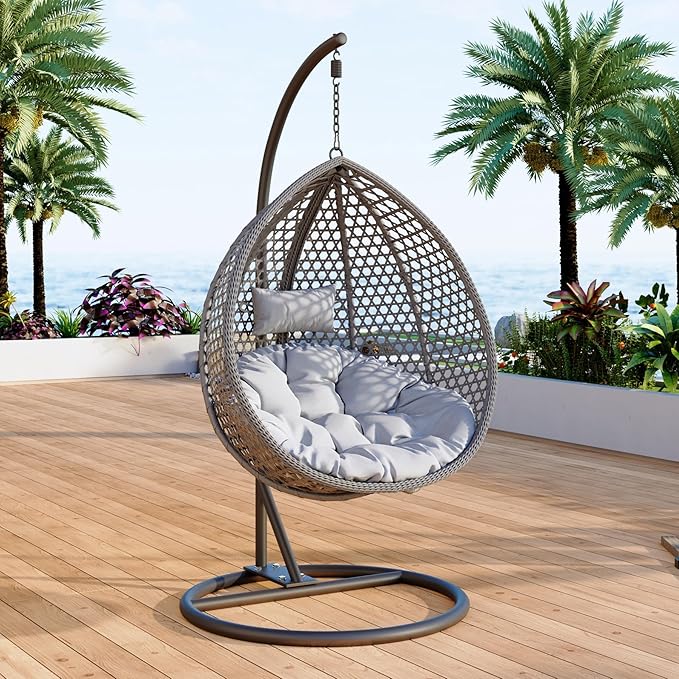 Egg Swing Chair Outdoor with Stand, Hanging Egg Rattan Basket Chair with Cushion and Pillow, Lounge Chairs, Foldable Basket and Metal Stand for Porch, Patio, Bedroom, Balcony,Yard (Grey)