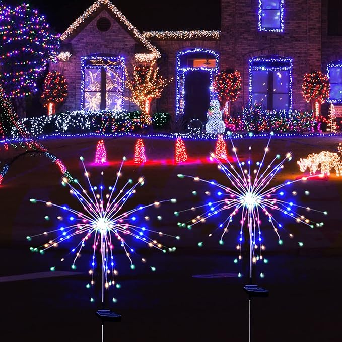 Christmas Solar Garden Lights for Outdoor Decor, Waterproof 2 Pack Solar Powered Firework Stake 120 LED Sparklers String Lights for Yard Pathway Halloween Christmas Decorations(Colorful)
