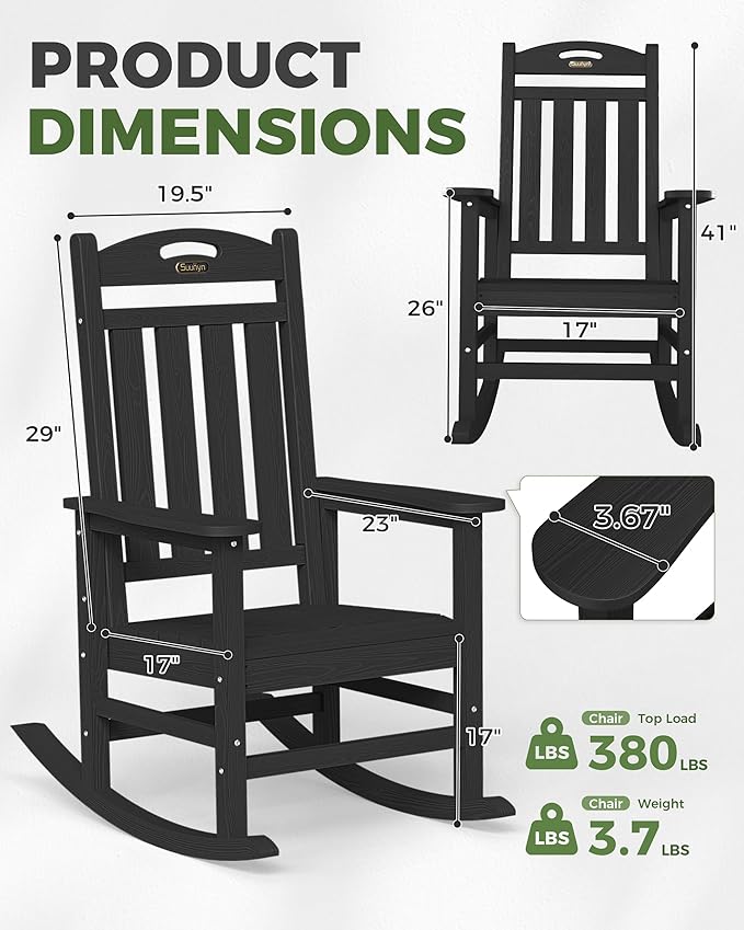 Oversized Outdoor Rocking Chair, High Back Porch Rocker Chair, HDPE All Weather Resistant Rocking Chairs for Patio, 380lbs Weight Capacity, Black