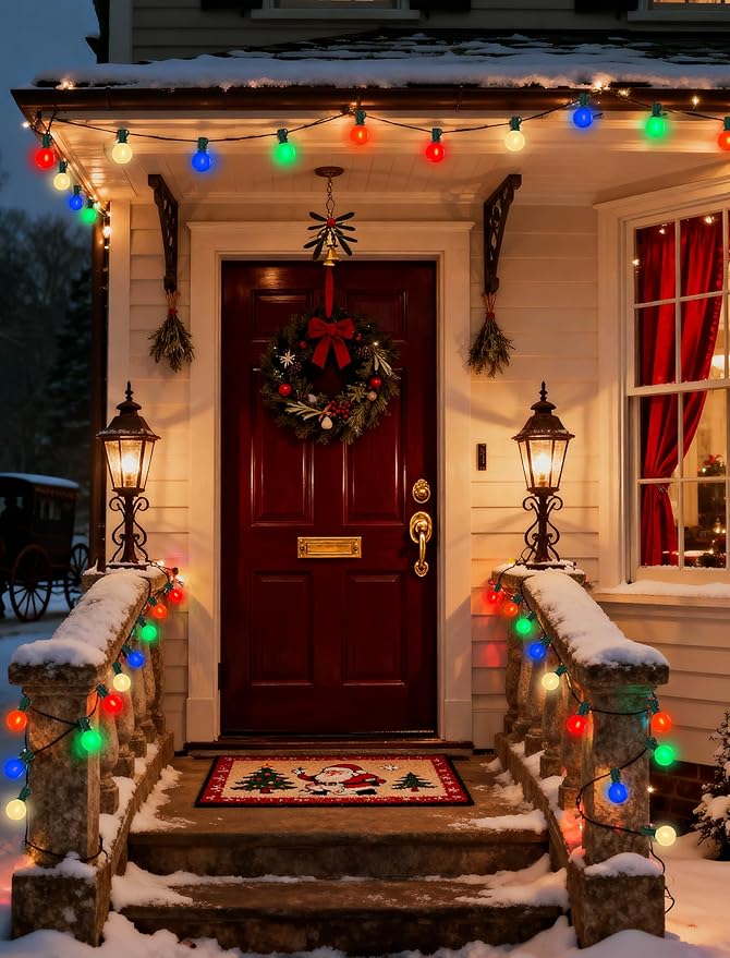 25Ft LED Christmas Outdoor String Lights, G40 Globe Edison Lights with 27 0.6W Baked Multicolor Bulbs, Vintage Ceramic Lights for Holiday Party Backyard Wedding Garden Patio Porch Decor, Green Wire