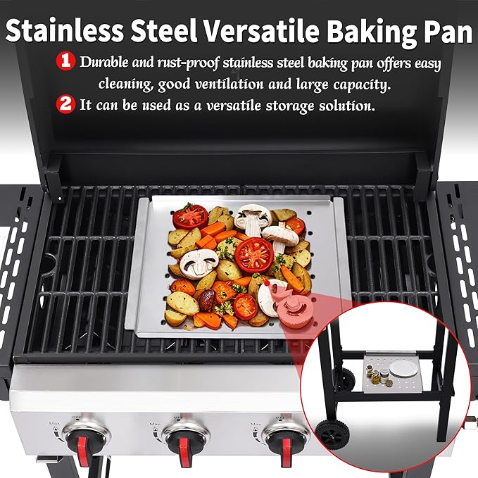 4-Burner Propane Gas Grill, 38250 BTU, BBQ Grills with Cast Iron Grates, Portable Foldable Side Shelves, Outdoor Patio Camping, Black for Outdoor Backyard Patio Barbecue