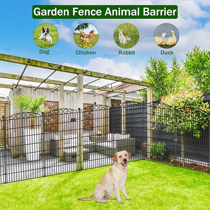 10 Panel No Dig Decorative Garden Fence with Gate - 48in H x 22.5ft L,Dog Fence Outdoor for Yard,Tall Animal Barrier for Dogs Rabbits, Rustproof Metal Wire Panels for Yard,Patio, Flower Bed