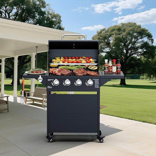 4 Burner Propane Gas Grill with Wheels, 40,000 BTU Output Outdoor BBQ Gas Grill with Side Tables for Backyard,Camping & Outdoor Cooking,Easy Assembly(Black)