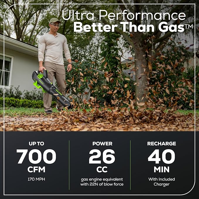Greenworks 80V (700 CFM / 170 MPH) Brushless Cordless Leaf Blower, Commercial-Grade Power, 45-Min Rapid Charger for Wet Leaves, Heavy Debris, Gravel and Driveway Snow, Includes 2.5Ah Battery & Charger