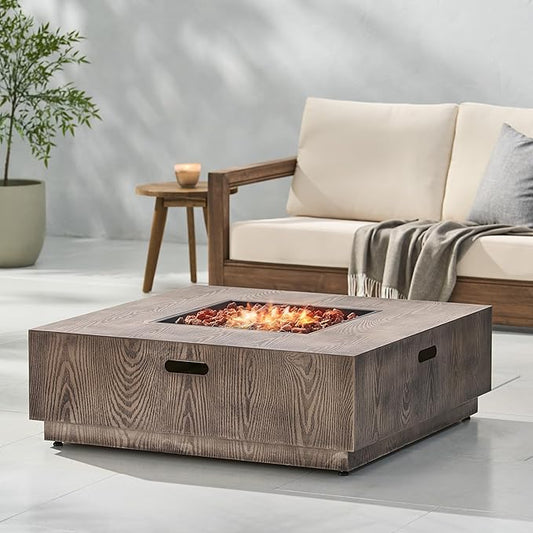 Propane Fire Pit Table, 39" Iron Firepits for Outside, Square Gas Fire Pit for Outside Patio, Propane Fire Table for Deck, Pool, 50,000BTU, Tank Outside, Tank Not Included, Wood