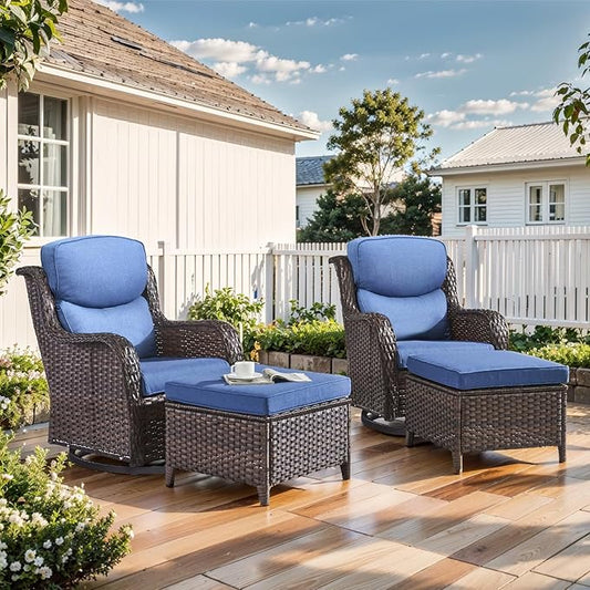 Outdoor Swivel Rocker Patio Chairs with 2 Ottomans - 5" Thick Cushion 4 Piece Furniture Set All Weather Comfortable Wicker Conversation Set for Porch Poolside and Deck - Brown/Blue