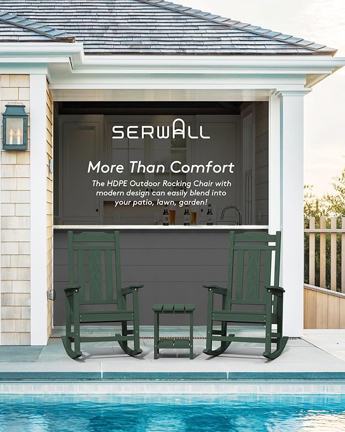 SERWALL Outdoor Rocking Chair, Patio Rocking Chairs for Porch, HDPE Rocking Chair Outdoor for Adults, Heavy Duty Front Porch Rocker, Green