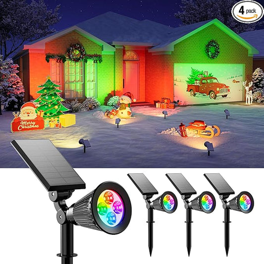 4 Pack Christmas Color Change Solar Spotlights Outdoor Waterproof Led Landscape Spot Lights Uplighting for Gingerbread Man, Snowman, Reindeer, Decorations, Holiday Ambient Lighting Lawn, Yard, Garden