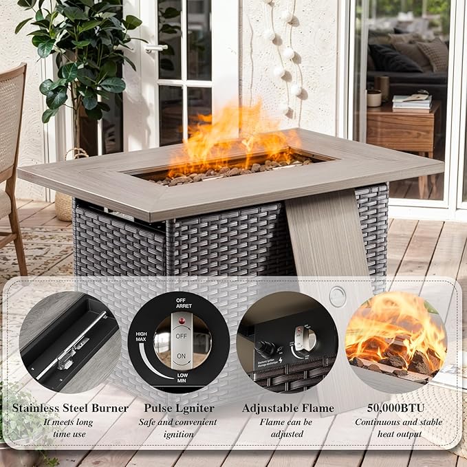 HUMMUH 8 Piece Patio Furniture with Fire Pit,PE Wicker Outdoor Conversation Sets-6-Seater Sofa,Patio Swivel Chairs Outdoor Chairs, Propane Fire Pit,Side Table for Porch,Garden,Backyard(Brown/Beige)