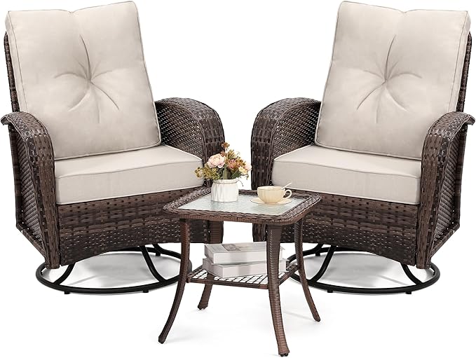 Luxury Outdoor Swivel Wicker Glider Patio Chairs with Table Set, Overstuffed Washable Cushions, Ideal for Porch, Balcony, Deck, Brown Rattan and Beige Cushion