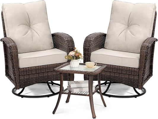 Luxury Outdoor Swivel Wicker Glider Patio Chairs with Table Set, Overstuffed Washable Cushions, Ideal for Porch, Balcony, Deck, Brown Rattan and Beige Cushion